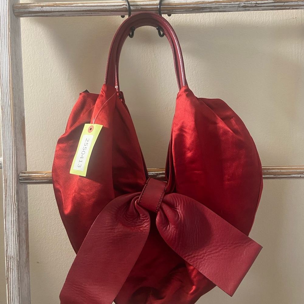 Valentino Garavani red nappa bow soft satin heart shaped hobo bag, great